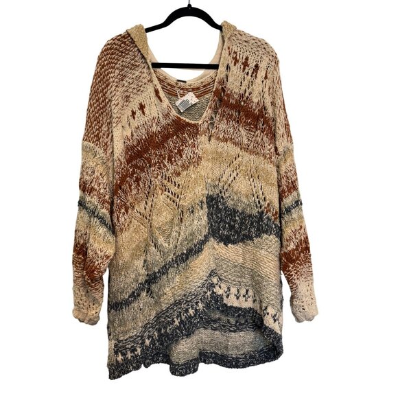 Free People Hooded Knit Sweater Womens L Multicolor Boho Textured Mixed Design - Picture 1 of 6